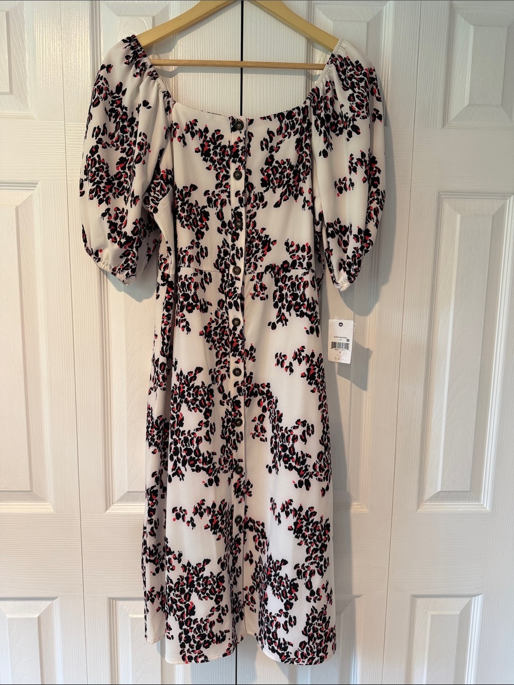 Off-Shoulder White Floral Midi Dress with Puff Sleeves